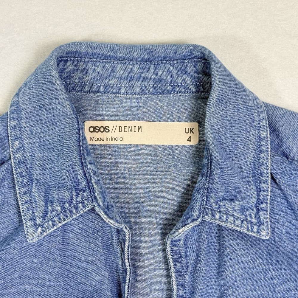 ASOS Denim Tie-Front Mini Dress 100% Cotton US size 0 Cottagecore Western Summer - Picture 5 of 16